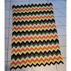 Granny VTG Blanket Hand Crochet Chevron Fall Tones Warm Afghan Throw 73"X 50"